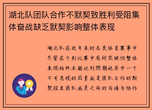 湖北队团队合作不默契致胜利受阻集体奋战缺乏默契影响整体表现
