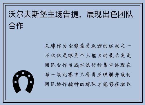 沃尔夫斯堡主场告捷，展现出色团队合作