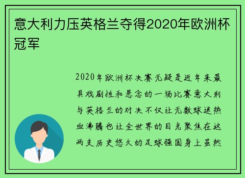 意大利力压英格兰夺得2020年欧洲杯冠军