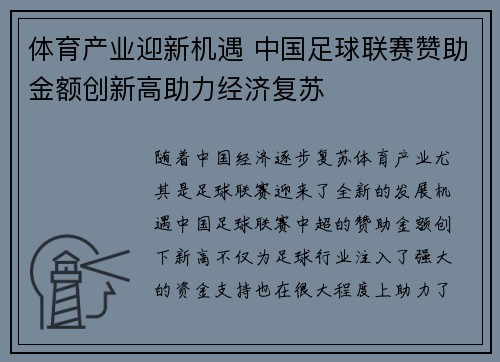 体育产业迎新机遇 中国足球联赛赞助金额创新高助力经济复苏