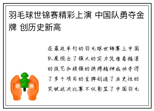 羽毛球世锦赛精彩上演 中国队勇夺金牌 创历史新高