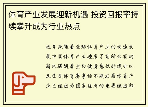 体育产业发展迎新机遇 投资回报率持续攀升成为行业热点